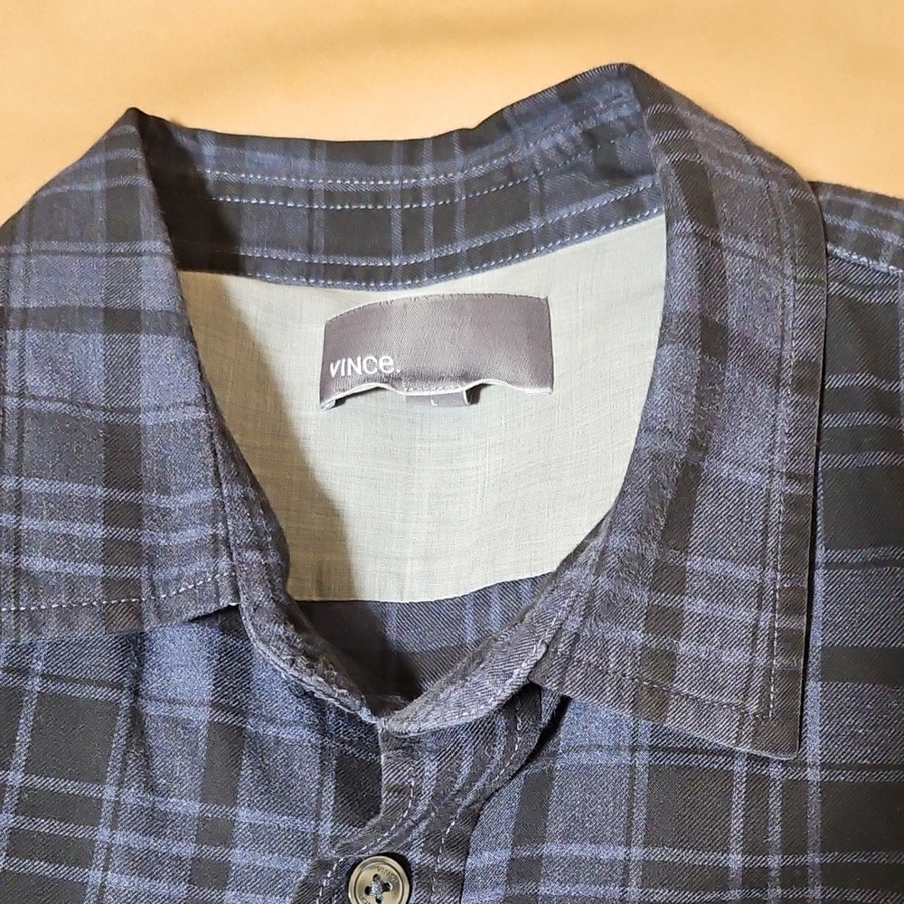 Vince Men's Long Sleeve Navy and Black Checkered Shirt- Slim Fit Large